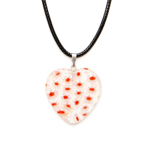 Millefiori Glass Clear Heart Shape with White & Red Flowers Necklace - Picture 7 of 8